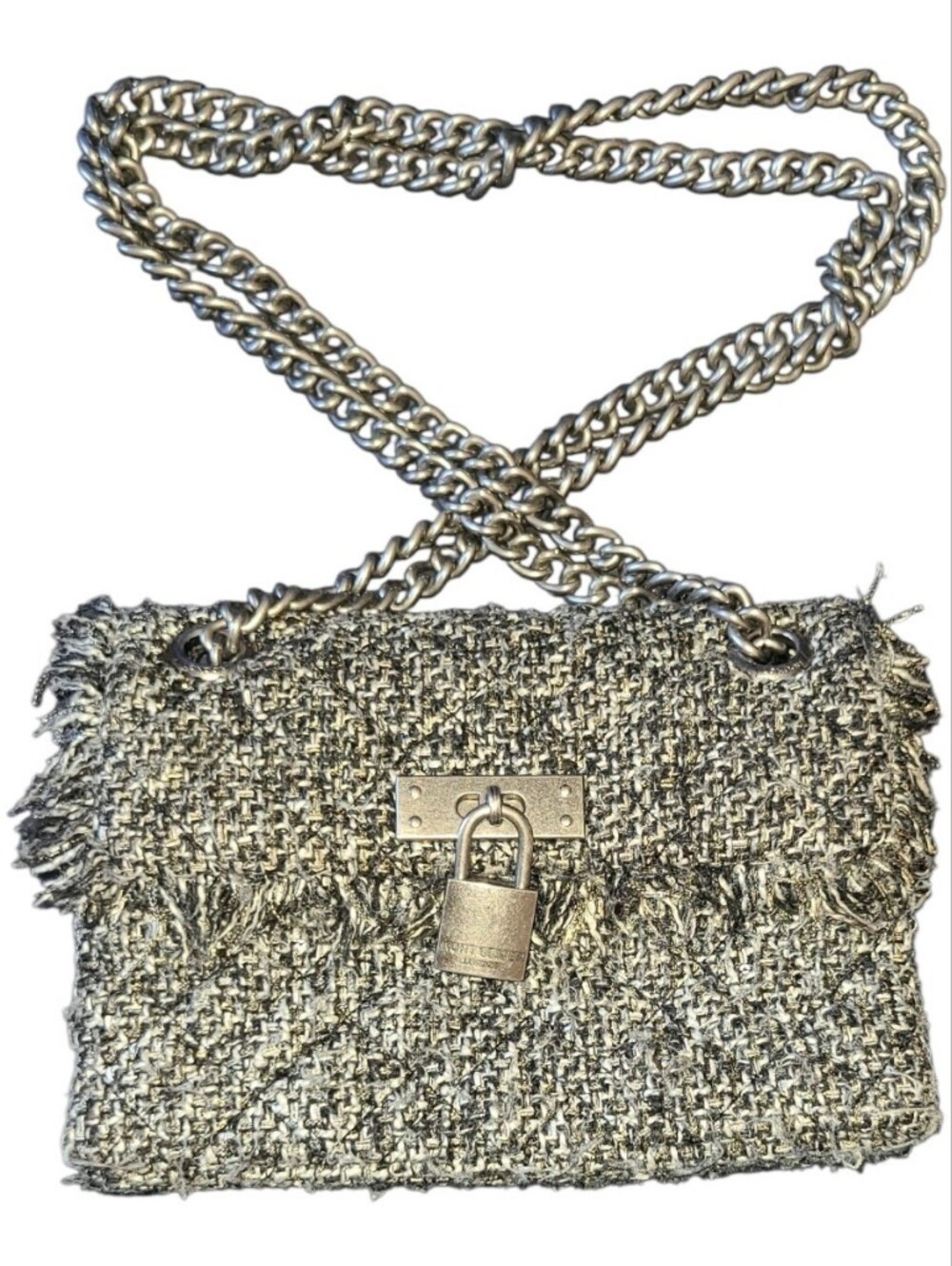 Kurt Geiger London Fringe Embellished Tweed Mini Brixton Lock Bag Crossbody